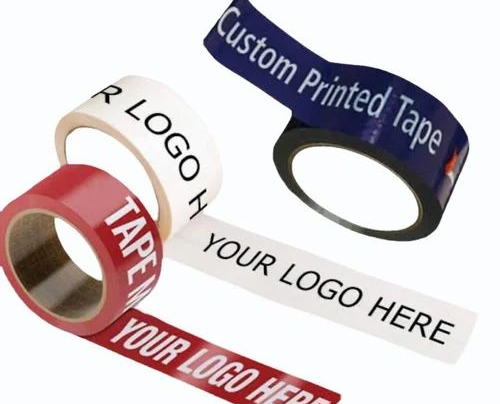 Illustrative custom tape rolls showing how a repeated logo can appear on printed tape